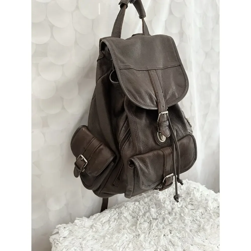 Vintage Leather Drawstring Backpack Brown Distressed Genuine Cowhide Unisex